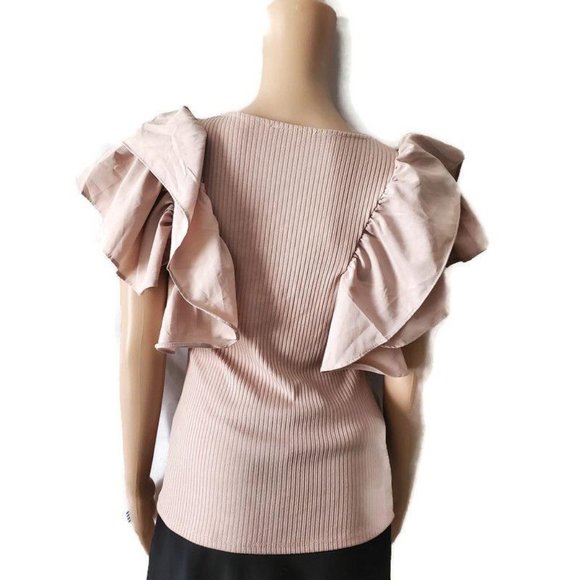 Haute Monde Women's Layered Flutter Sleeves Ribbed Blouse Blush Pink Size Medium - Picture 4 of 14
